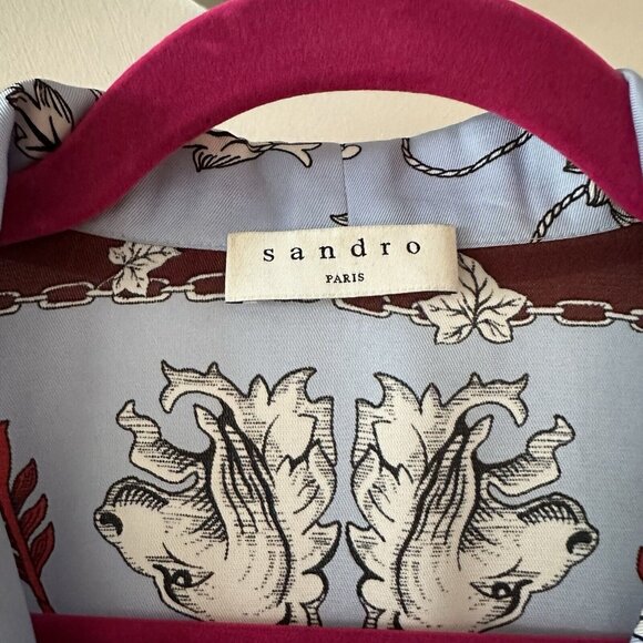 Sandro Top Pajama Shirt Blue Brown Silk Floral Button-up Three-Quarter Size 3 - Picture 3 of 6